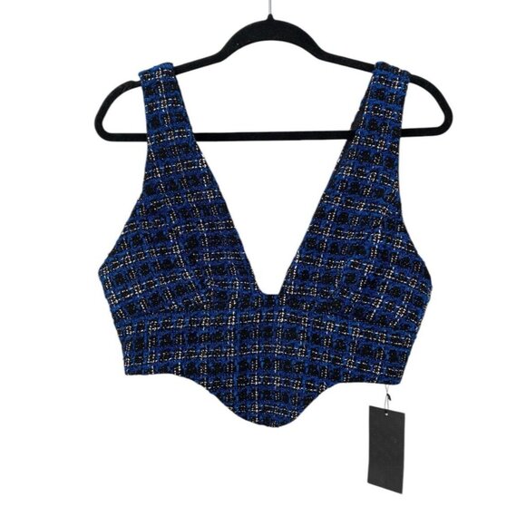 SHEIN SXY Houndstooth Zip Back Crop‎ Tweed Tank Top Royal Blue Black Size M NWT - Picture 1 of 6